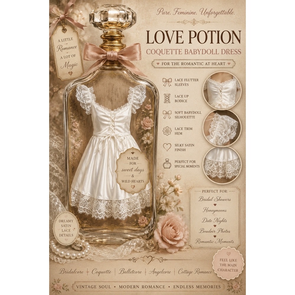 Love Potion White Satin Coquette Babydoll Dress Lace Flutter Sleeve Bridalcore M